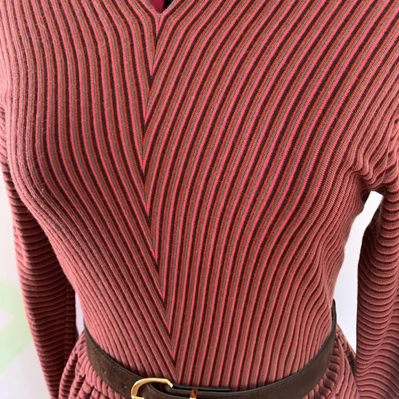 Vintage Stripped Long Sleeve Maxi Dress with Original Suede Belt - Picture 3 of 6